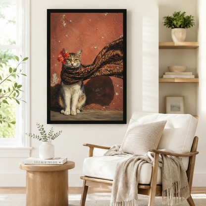 Black framed boho cat portrait with flowing paisley wrap and red flower accent styled beside a linen armchair in a Scandinavian reading nook