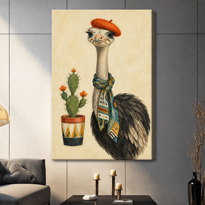 Whimsical illustration of an ostrich wearing a red beret and colorful boho scarf standing beside a potted prickly pear cactus on a cream background funny animal wall art stretched canvas dark panel wall living room