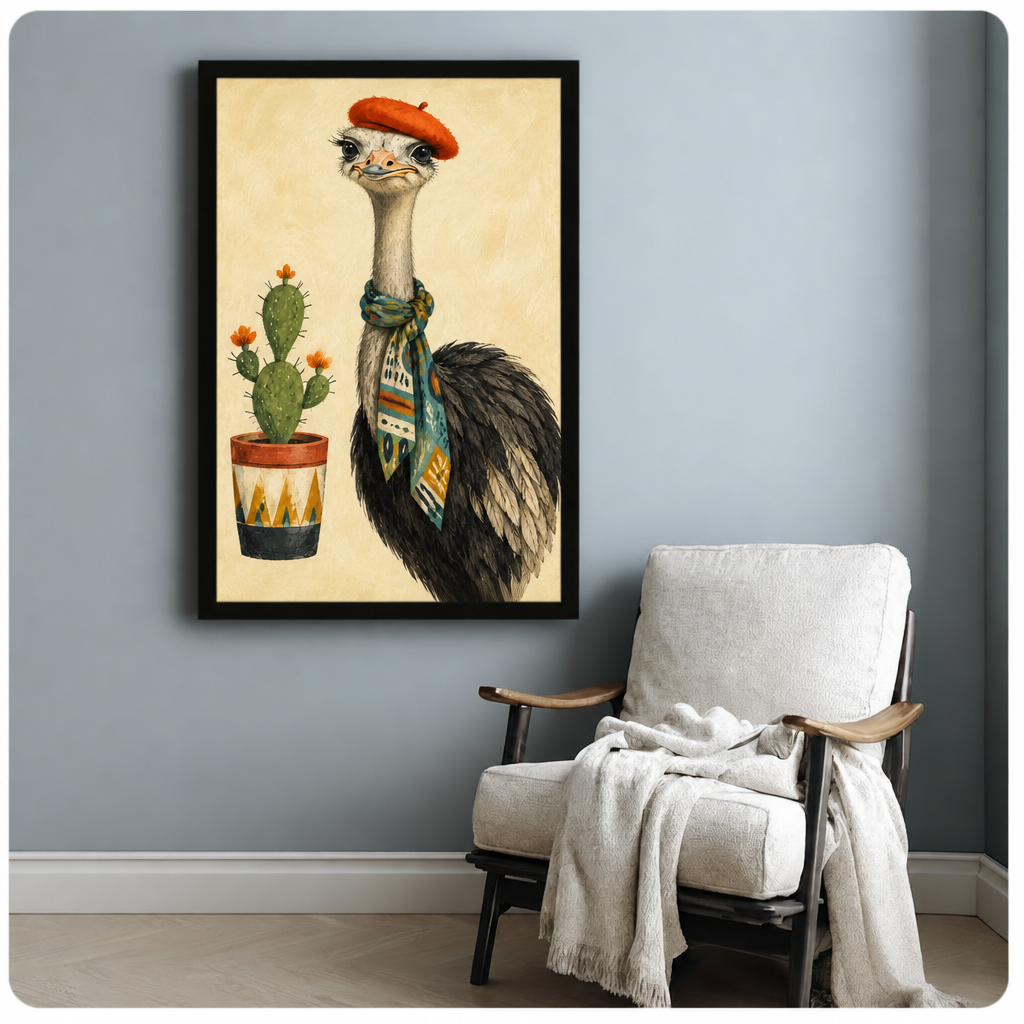 Whimsical illustration of an ostrich wearing a red beret and colorful boho scarf standing beside a potted prickly pear cactus on a cream background funny animal wall art framed print beside armchair blue-gray wall