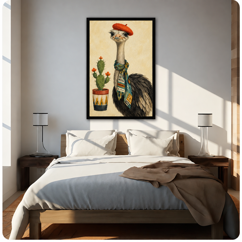 Whimsical illustration of an ostrich wearing a red beret and colorful boho scarf standing beside a potted prickly pear cactus on a cream background funny animal wall art framed print above bed sunlit bedroom