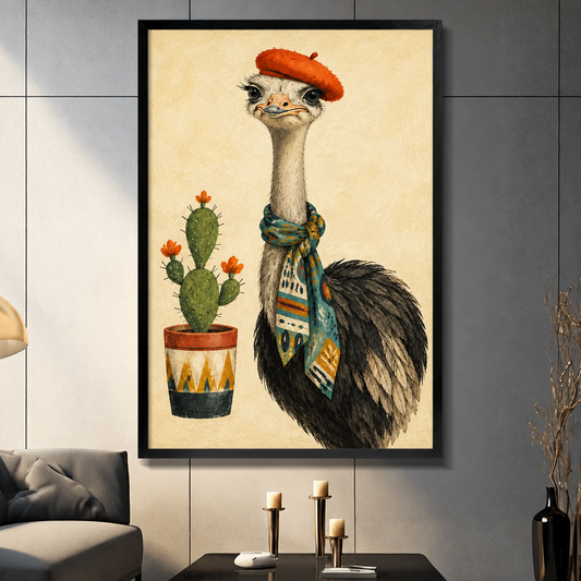 Whimsical illustration of an ostrich wearing a red beret and colorful boho scarf standing beside a potted prickly pear cactus on a cream background funny animal wall art framed print dark panel wall living room