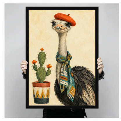 Whimsical illustration of an ostrich wearing a red beret and colorful boho scarf standing beside a potted prickly pear cactus on a cream background funny animal wall art framed print held up