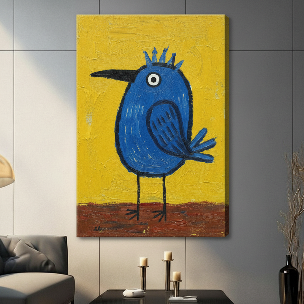 Gallery wrap canvas print featuring a whimsical chubby blue bird with a spiky crown and expressive single eye on a textured golden yellow background with a rust brown ground, hung on a grey wall