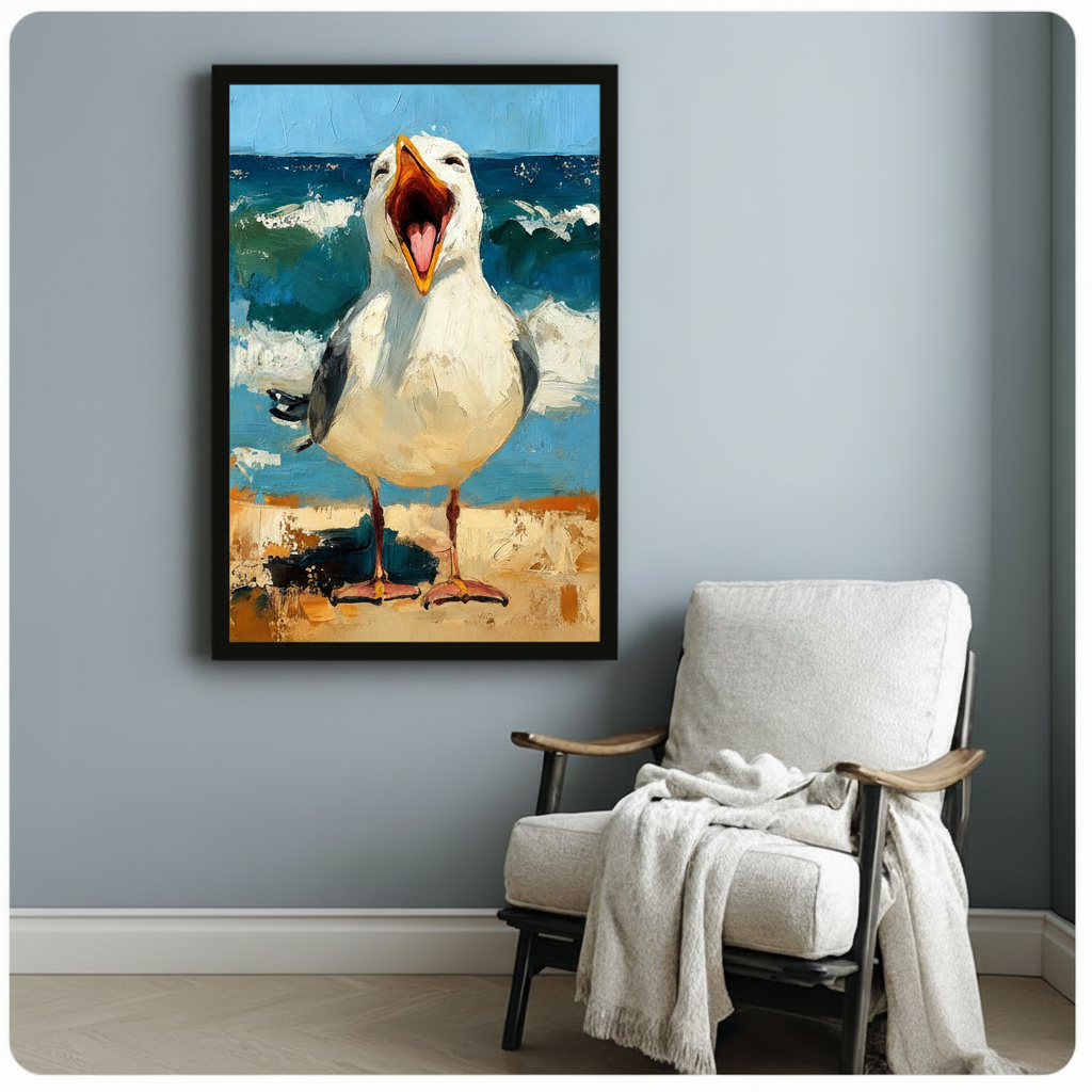 Bold seagull beach oil painting framed canvas print hanging above a cozy armchair in a minimalist reading nook, humorous coastal wall art