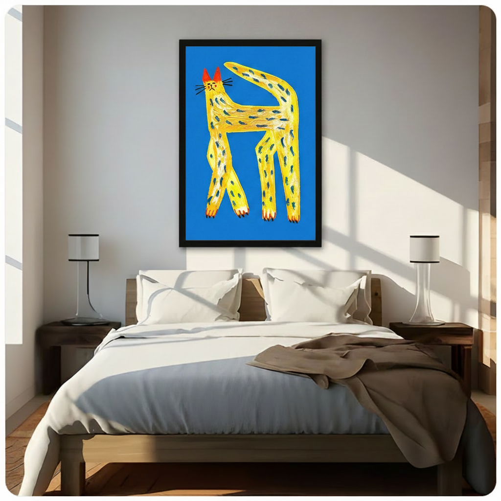Large black framed canvas of a bold whimsical yellow spotted cat with red ears on a bright blue background, displayed above a bed as a statement bedroom wall art piece