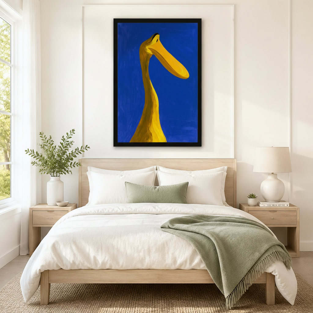 Black-framed modern expressionist canvas art, close-up curving golden duck neck on thick cobalt blue impasto oil background, staged in a light wood Scandinavian bedroom with white linen, sage throw and greenery decor
