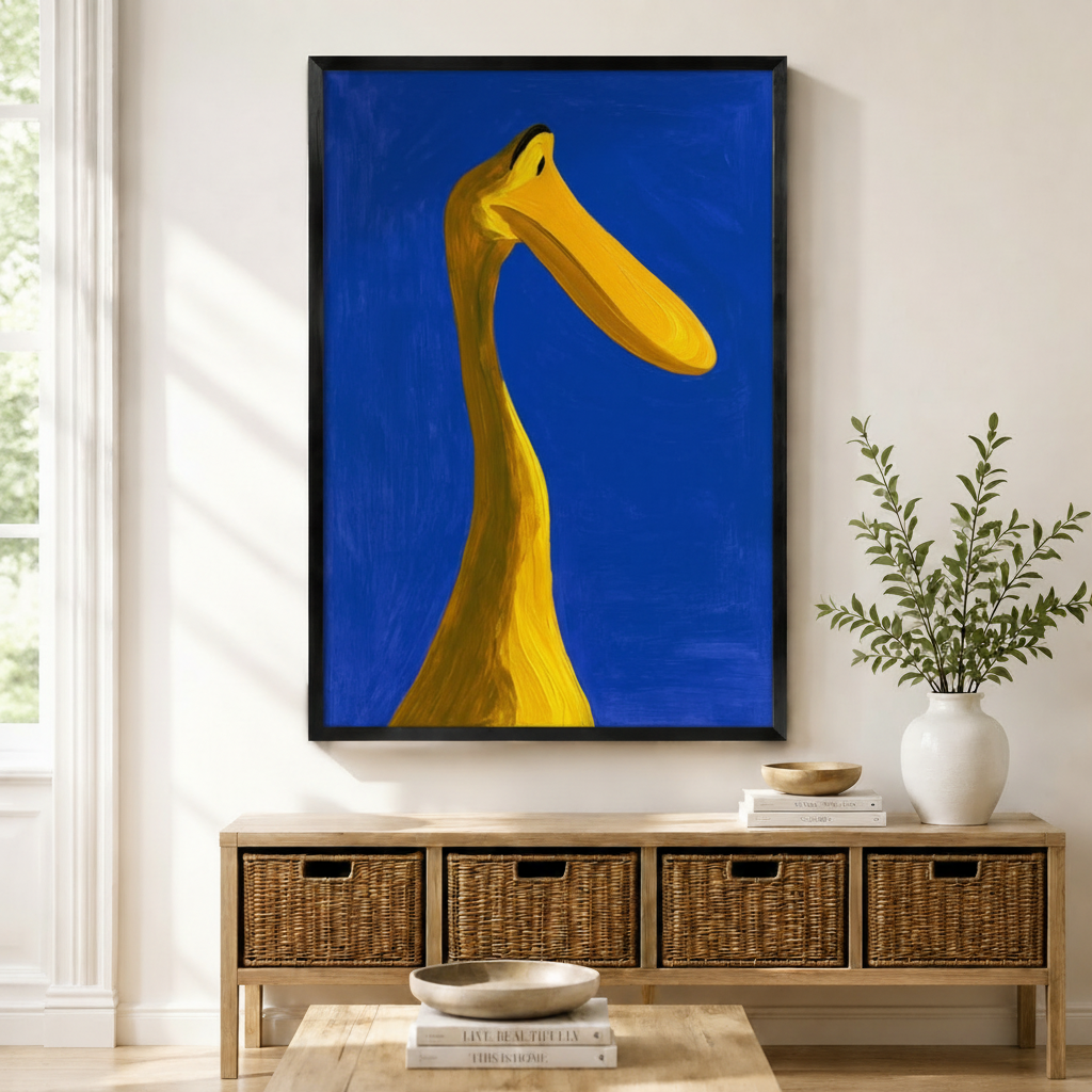 Black framed bold expressionist yellow duck neck close-up canvas art with a dramatic low-angle view of a long curved golden yellow bird neck stretching from the bottom to the top of the canvas with a wide flat beak extending horizontally to the right and a single small black eye on a rich cobalt blue impasto oil paint background, displayed above a wooden rattan storage bench with a white ceramic bowl, stacked books, and a white vase of greenery