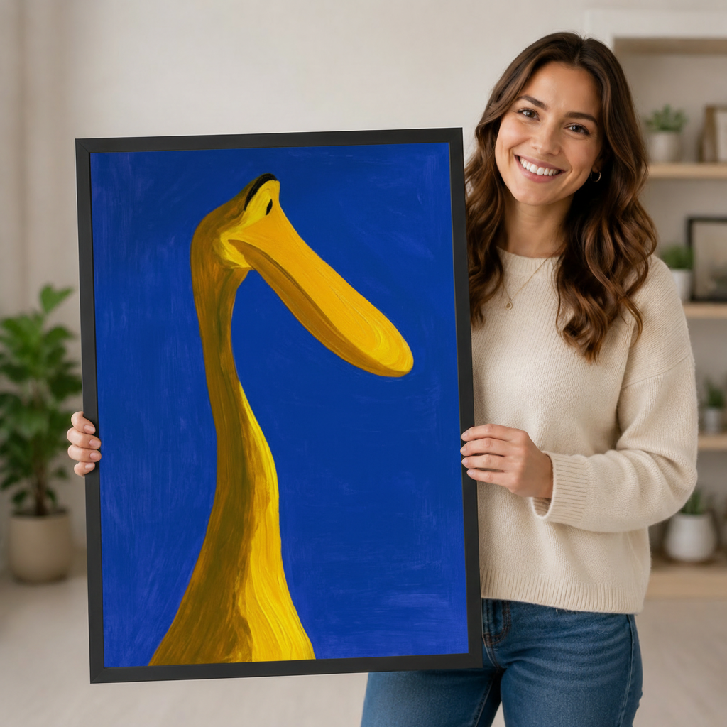 Smiling woman in a cream sweater holding a large vertical black framed bold expressionist yellow duck neck canvas art print showing a dramatic low-angle close-up of a long curved golden yellow bird neck stretching upward with a wide flat beak extending to the right and a tiny black eye on a rich saturated cobalt blue impasto background in a bright plant-filled room