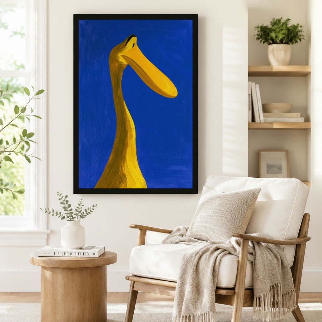 Black framed bold expressionist yellow duck neck canvas art showing a dramatic worm's-eye view close-up of a long elegant golden yellow bird neck arching upward from the bottom edge with a wide flat horizontal beak and a single small black eye on a vivid royal blue impasto oil paint background, displayed on a white wall beside a white wooden armchair with a cream fringed throw and a round wood side table with stacked books