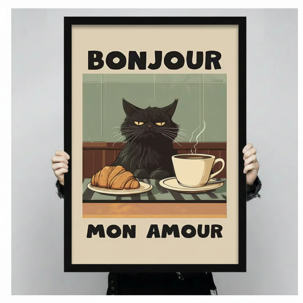 Close-up size reference of a black-framed retro poster print featuring a grumpy black cat at a café table with croissant and coffee and bold "Bonjour Mon Amour" lettering, held by two hands