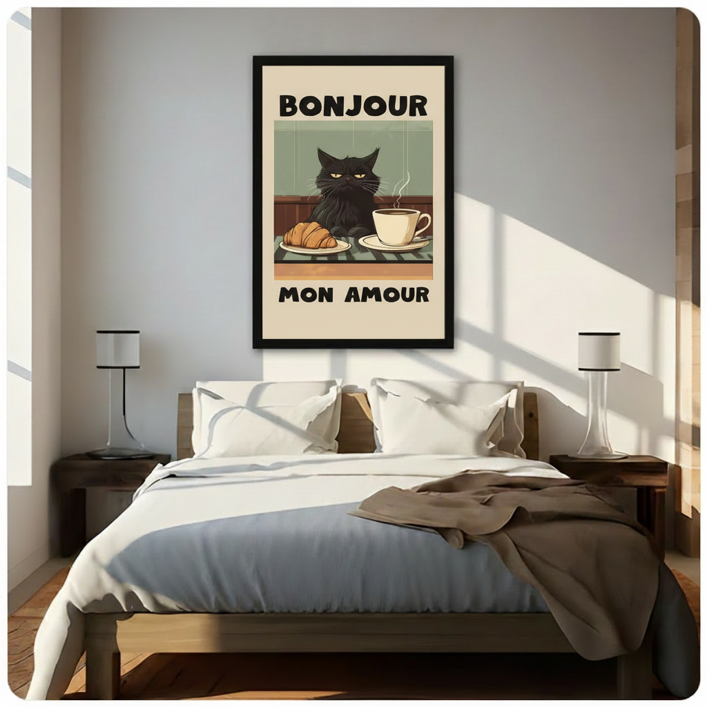 Framed funny black cat wall art with "Bonjour Mon Amour" retro poster design featuring a grumpy cat, croissant, and steaming coffee, hung above a wooden bed in a bright sunlit minimalist bedroom