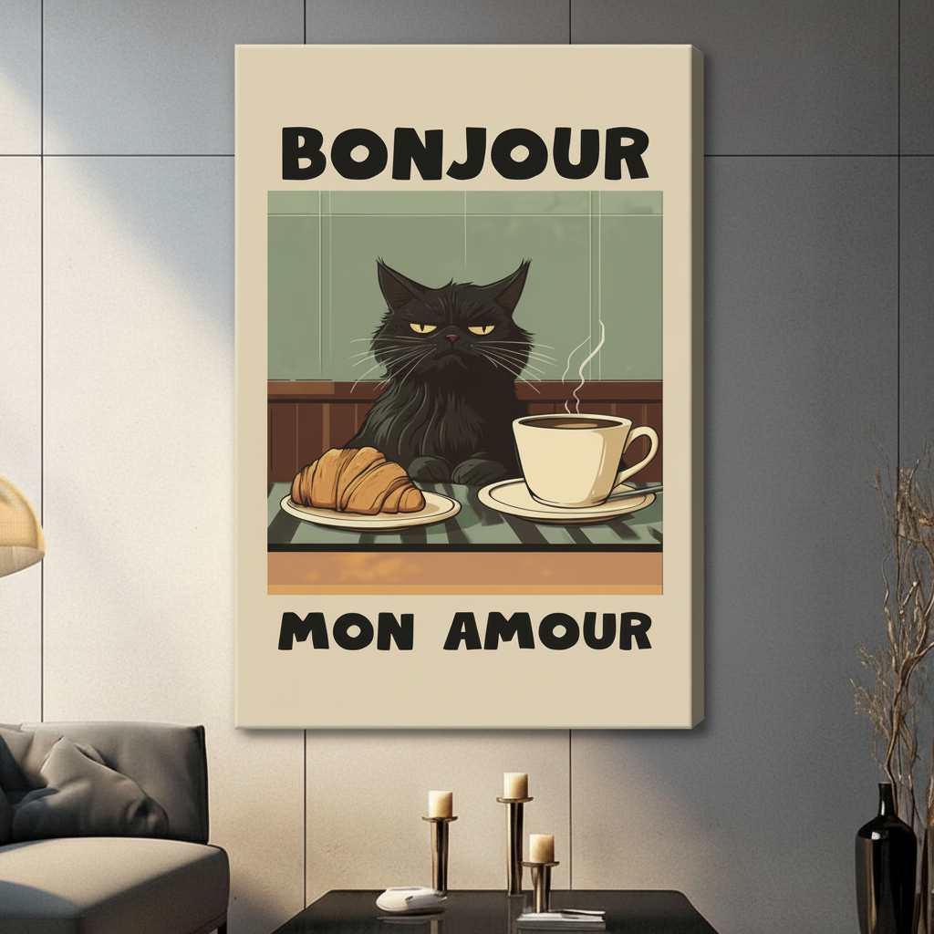 Unframed canvas print of a humorous grumpy black cat at a French café breakfast table with a croissant and coffee, featuring "Bonjour Mon Amour" retro typography, hung in a contemporary grey living room