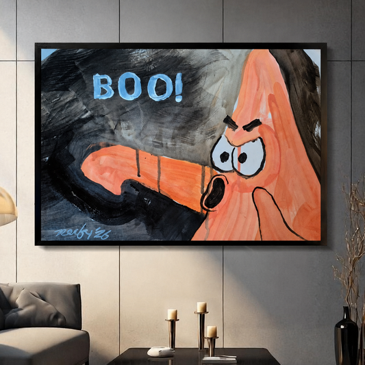 Black framed canvas print of bold expressive cartoon monster shouting BOO, displayed on dark grey wall in modern living room