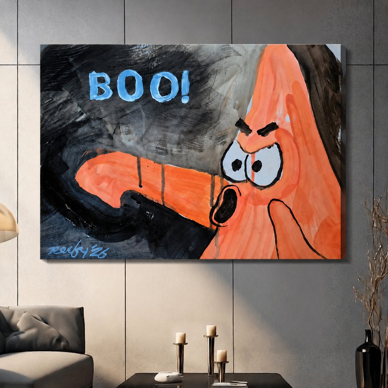 Frameless canvas wall art featuring a humorous orange cartoon character yelling BOO with dramatic dark background, hung in contemporary living room