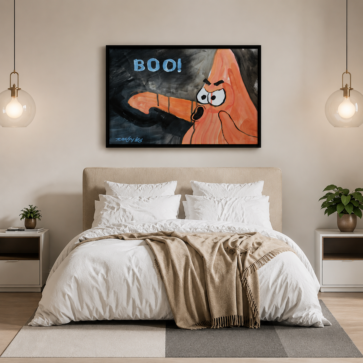 Black framed BOO cartoon pop art print hung above bed in bright neutral bedroom with pendant lights and white bedding