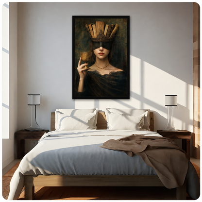 Blindfolded woman with a vintage book crown in black-framed wall art above a sunlit bed.
