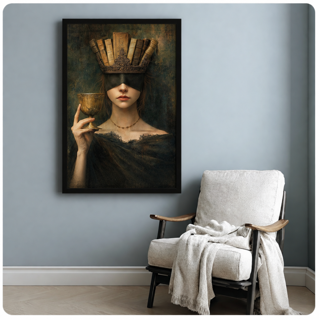Dark academia book crown portrait canvas art in a black frame above a white armchair.