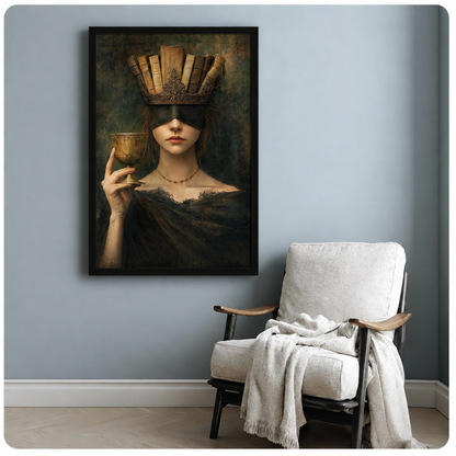 Dark academia book crown portrait canvas art in a black frame above a white armchair.