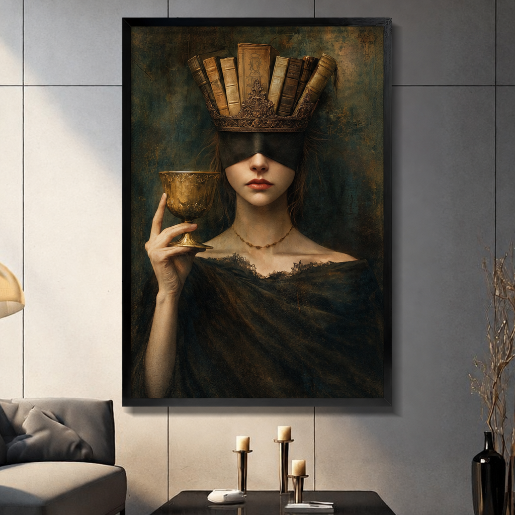 Moody book crown portrait framed canvas art with a gold chalice