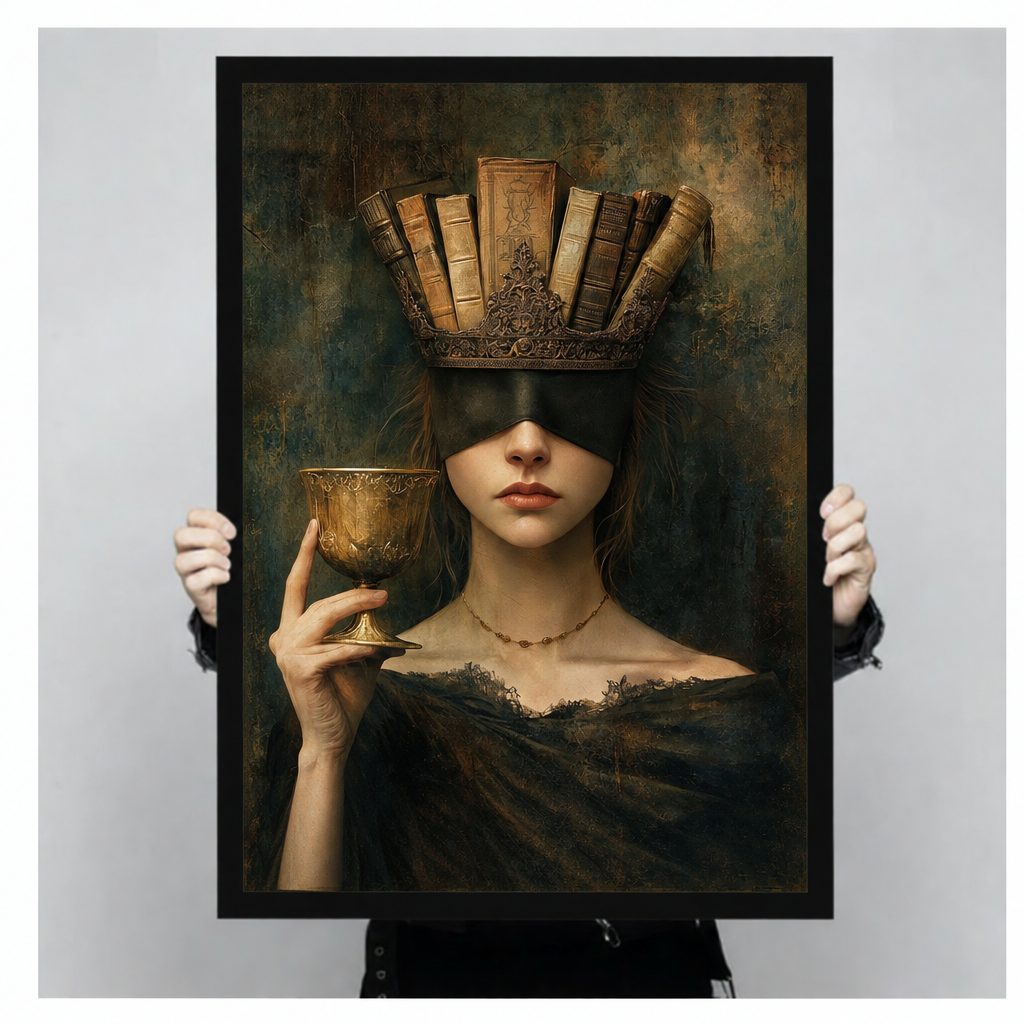 Hands holding framed canvas art of a blindfolded woman with a book crown and gold chalice.