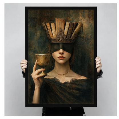 Hands holding framed canvas art of a blindfolded woman with a book crown and gold chalice.