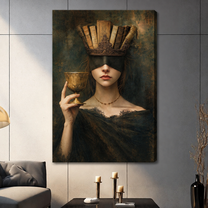 Frameless stretched canvas of a surreal book crown portrait hung above candles in a modern living room.