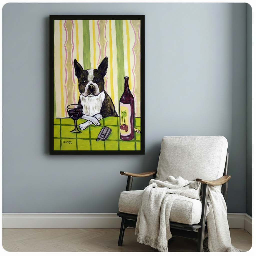 Black framed Boston terrier with red wine canvas print beside wooden armchair on blue-grey wall - funny retro dog wine oil painting wall art with vivid green stripe background and wine glass detail for reading nook or bedroom decor