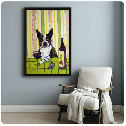 Black framed Boston terrier with red wine canvas print beside wooden armchair on blue-grey wall - funny retro dog wine oil painting wall art with vivid green stripe background and wine glass detail for reading nook or bedroom decor