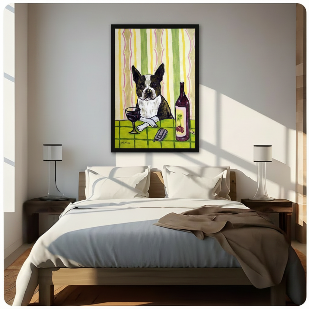 Framed Boston terrier with red wine bottle and glass canvas print above wooden bed in sunlit minimalist bedroom - funny retro dog wine oil painting wall art with bold green striped background for contemporary bedroom home decor