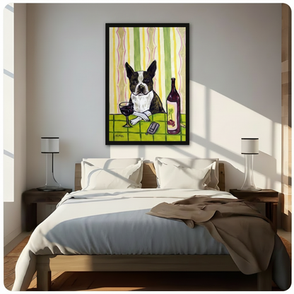 Framed Boston terrier with red wine bottle and glass canvas print above wooden bed in sunlit minimalist bedroom - funny retro dog wine oil painting wall art with bold green striped background for contemporary bedroom home decor