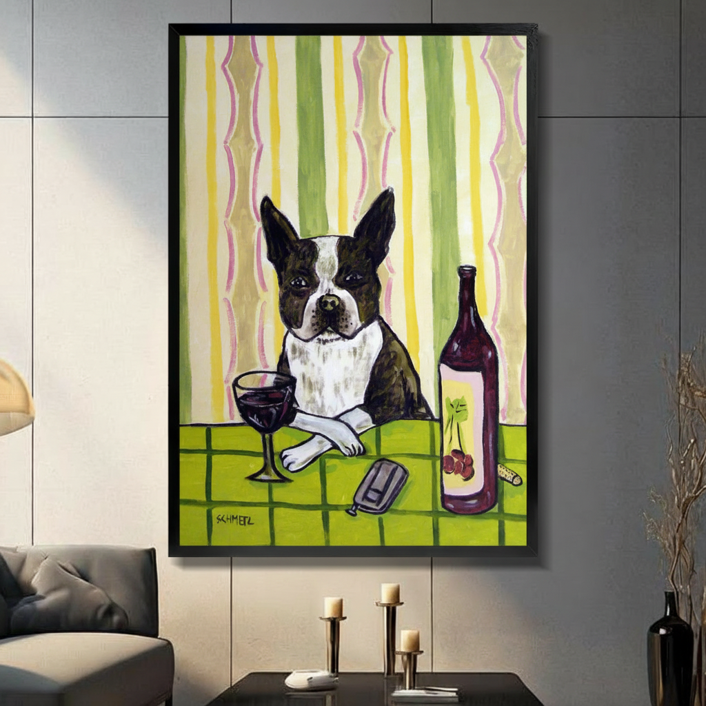 Framed Boston terrier sitting at table with red wine canvas print on dark grey tile wall in modern living room - humorous dog wine oil painting wall art with bold green striped retro background for contemporary home decor