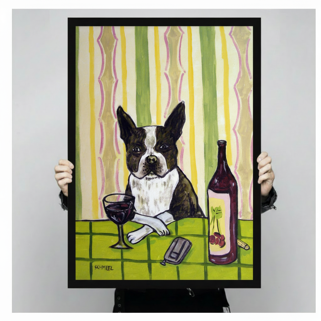 Person holding large framed Boston terrier sitting at table with red wine canvas print with both hands - close up view of humorous retro dog wine oil painting wall art with bold green striped background and black frame finish
