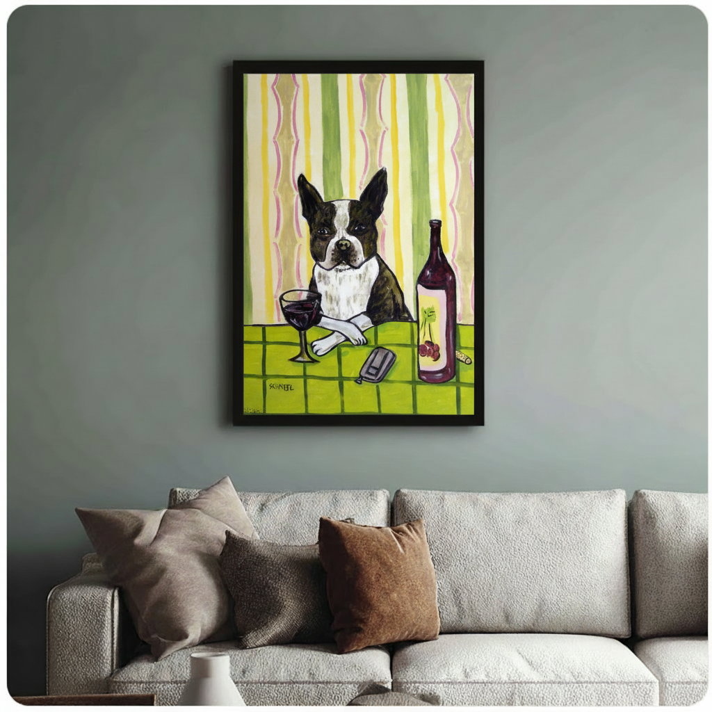 Framed Boston terrier sitting at wine table canvas print above cream sofa on sage green wall - humorous retro dog wine oil painting wall art with bold green striped background and red wine bottle for stylish living room decor
