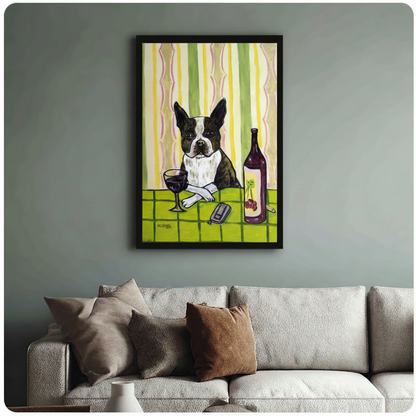 Framed Boston terrier sitting at wine table canvas print above cream sofa on sage green wall - humorous retro dog wine oil painting wall art with bold green striped background and red wine bottle for stylish living room decor
