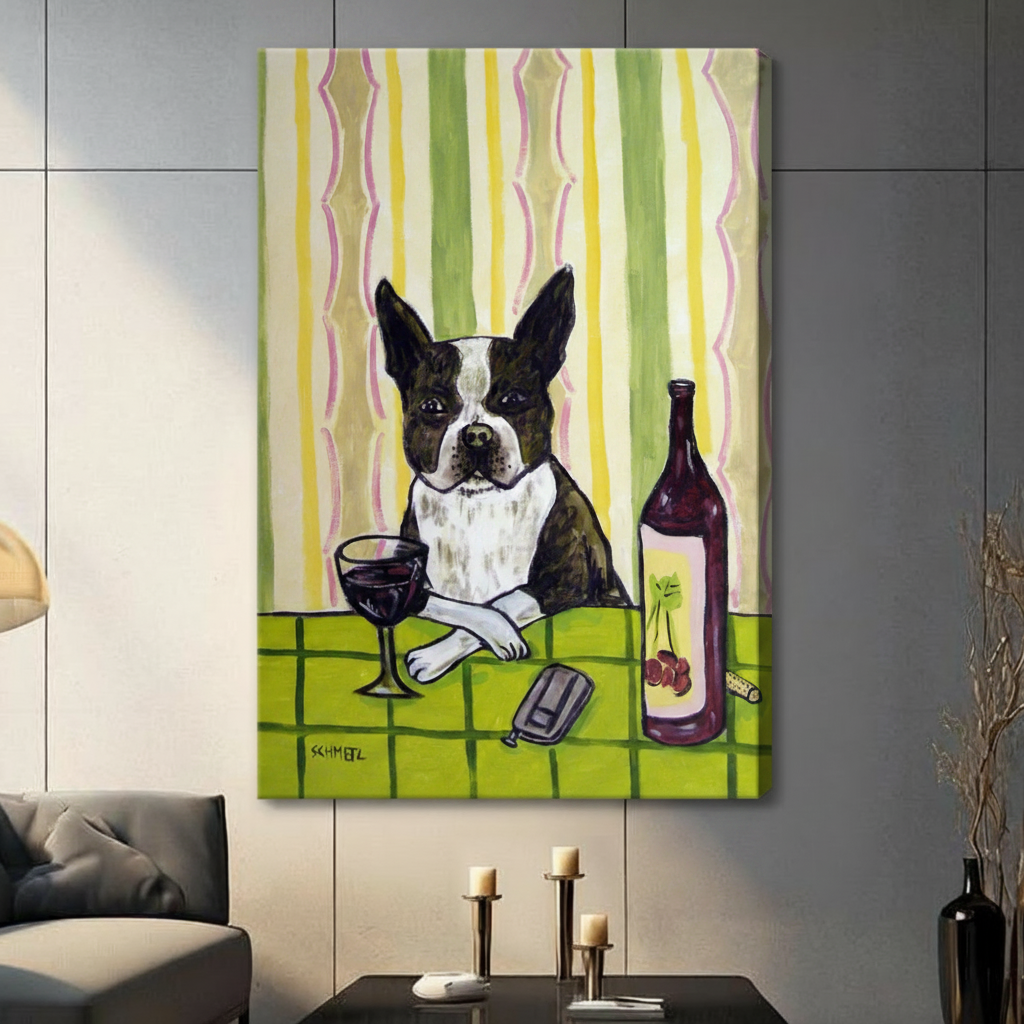 Unframed Boston terrier with red wine bottle and glass canvas print on dark grey wall in contemporary living room - funny dog wine oil painting wall art with vibrant green retro stripe background for modern interior decor