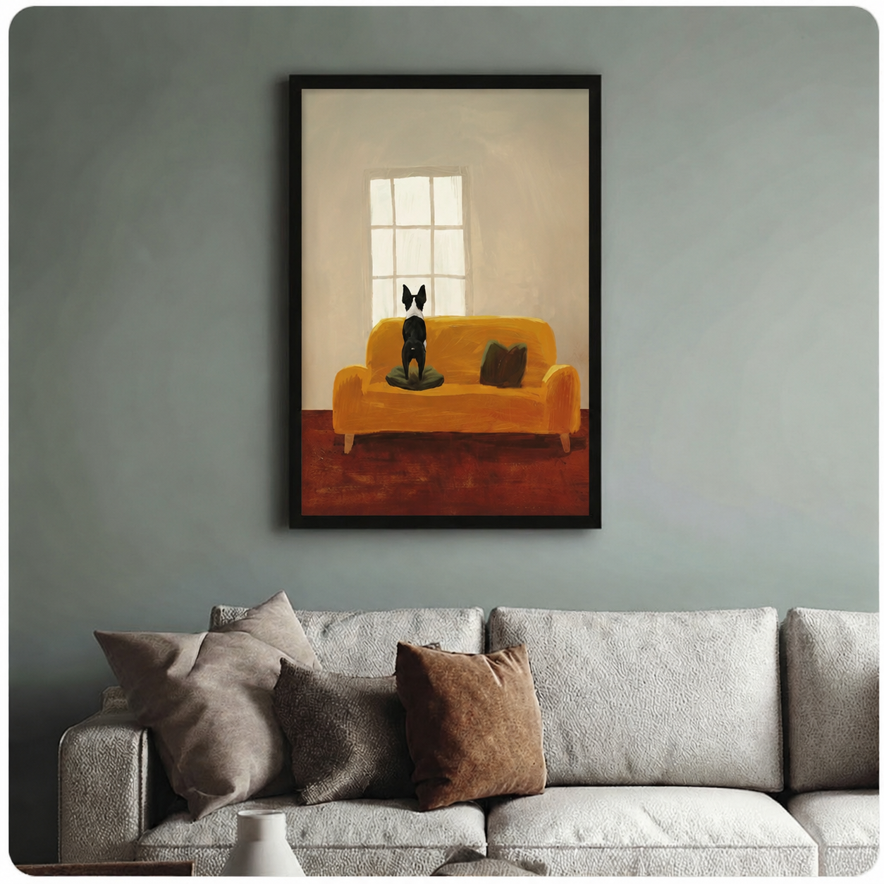 Framed Boston Terrier yellow sofa art print in black frame above grey linen sofa in teal living room