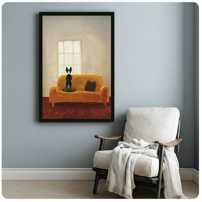 Black framed Boston Terrier on yellow sofa oil painting print displayed on blue-grey wall beside white armchair