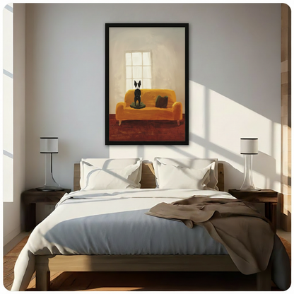 Black framed Boston Terrier on mustard sofa art print hung above wooden bed in bright minimalist bedroom