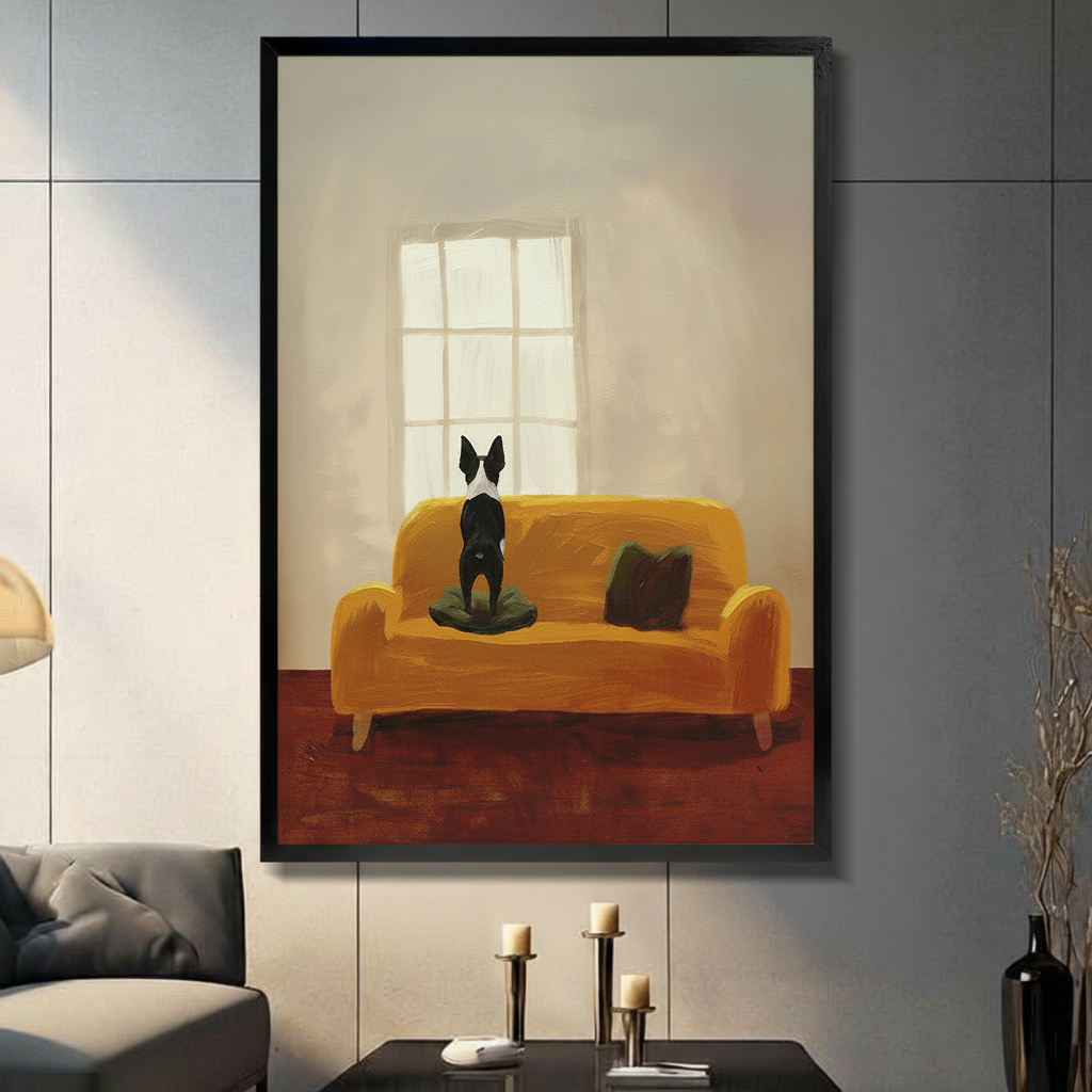 Boston Terrier dog sitting on yellow sofa wall art print in black frame displayed on dark grey wall