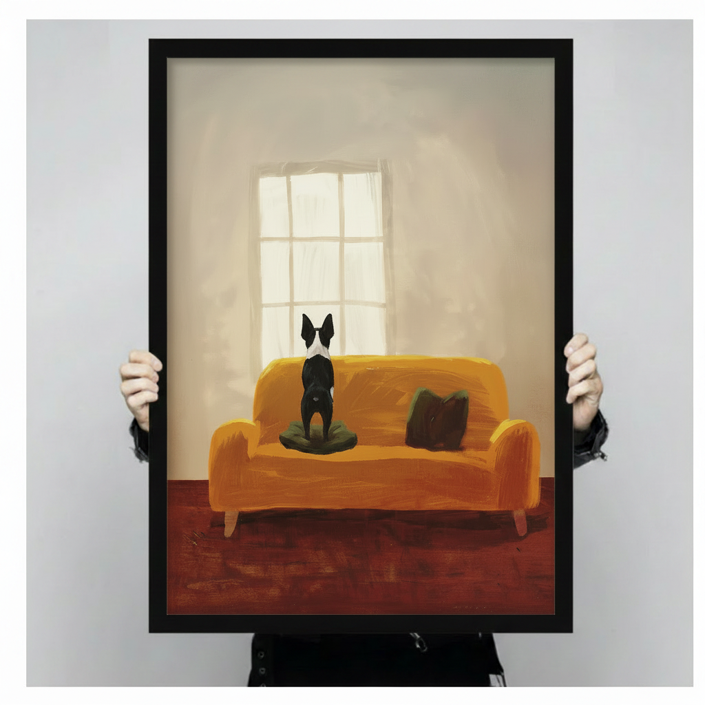 Hands holding black framed Boston Terrier yellow sofa art print showing print size and frame detail