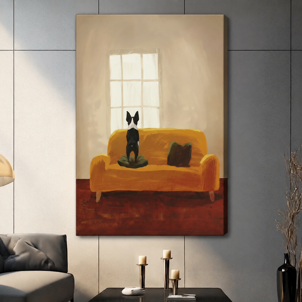 Unframed canvas wrap of Boston Terrier on mustard yellow sofa gazing out window hung on dark wall