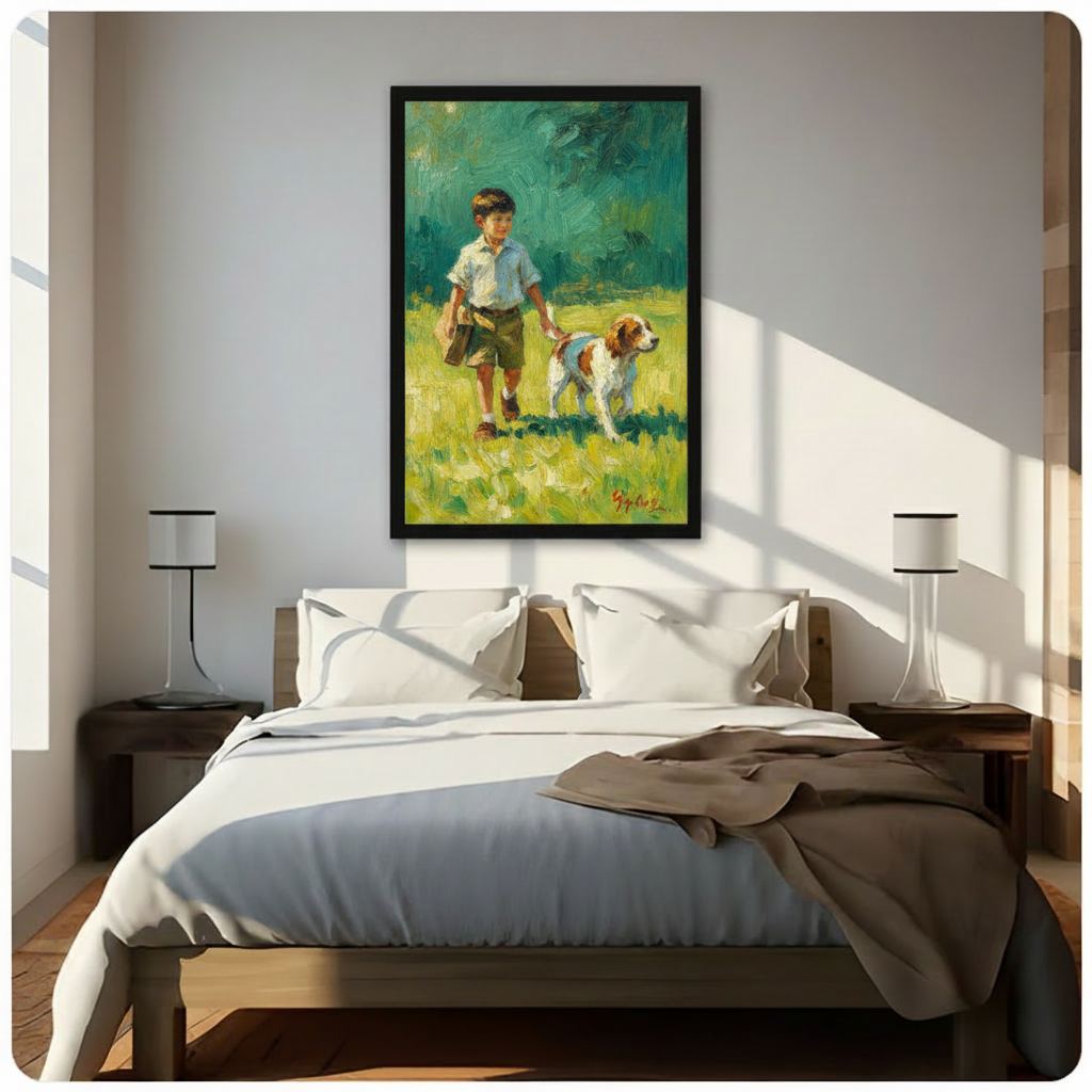 Impressionist oil painting of boy and dog in green meadow framed wall art above bed in bright bedroom