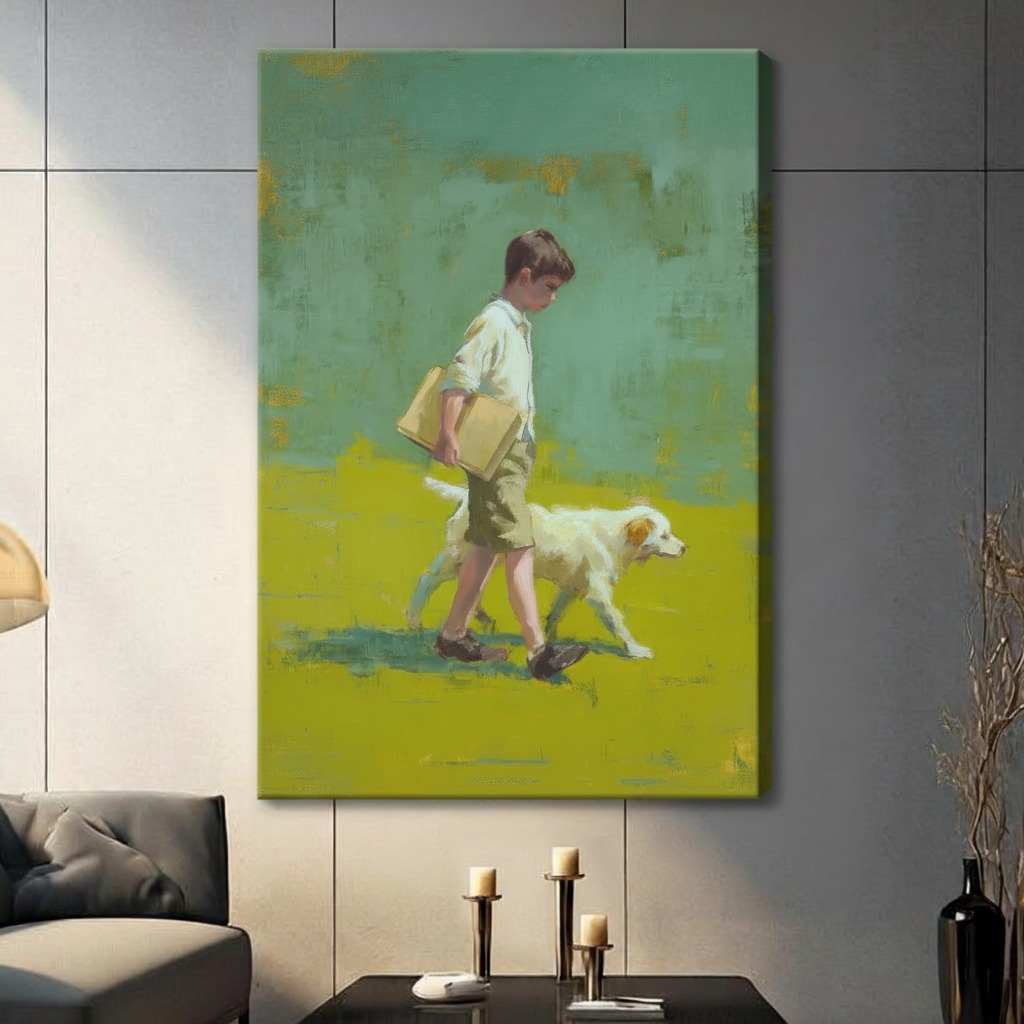 Boy and white dog walking together canvas print with teal and yellow abstract background on grey wall