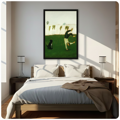 Framed figurative wall art of a boy cartwheeling across a green field with a black dog watching, hung above a wooden bed in a bright sunlit minimalist bedroom