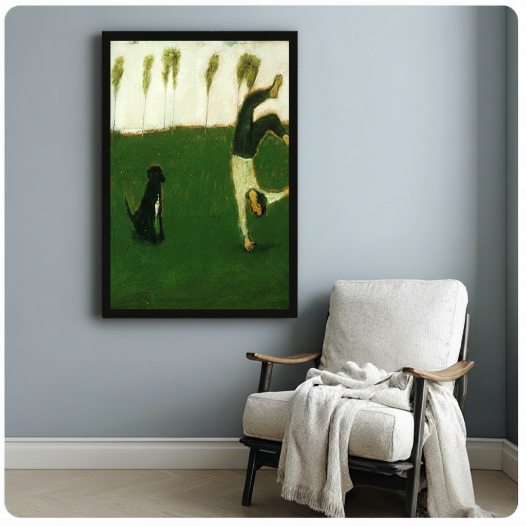 Black-framed art print of a playful boy mid-cartwheel on a green meadow with a black dog sitting nearby, styled on a soft blue-grey wall beside a white linen armchair
