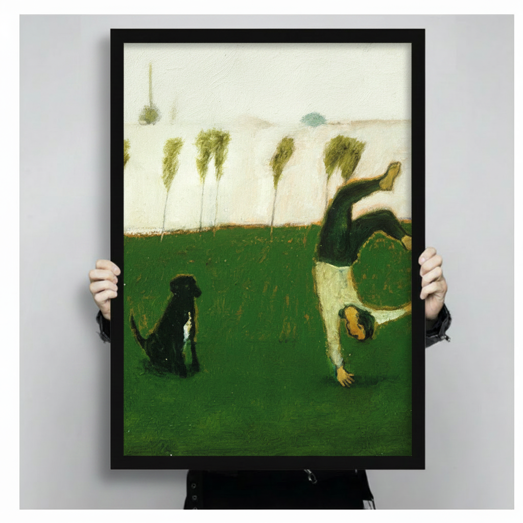 Close-up size reference of a black-framed vintage-style painting print depicting a child doing a cartwheel and a black dog on a green field, held by two hands
