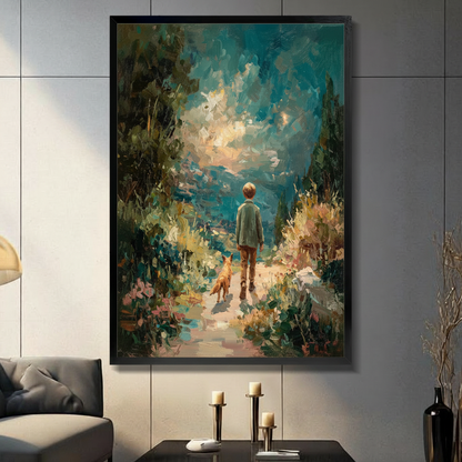 Framed boy and dog garden path wall art canvas in modern living room — impressionist oil painting of child walking with dog through lush wildflower path