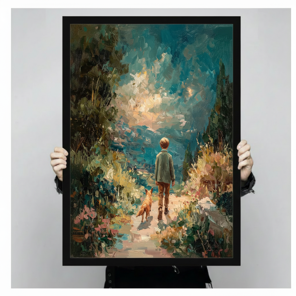 Close-up of framed boy and dog garden path print held by hands — impressionist oil painting detail of child walking with dog through wildflowers and teal sky