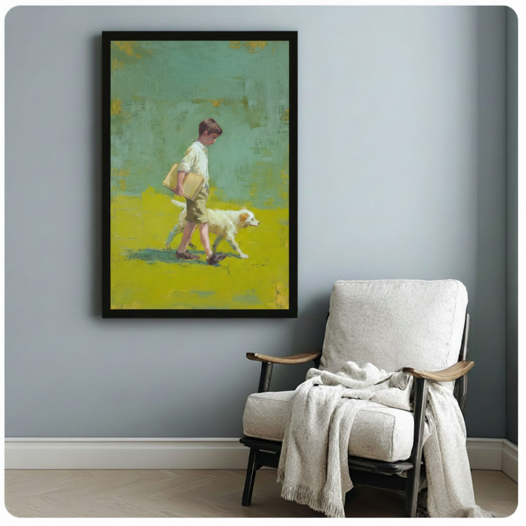 Vintage style boy and dog walking framed art poster hung on light blue grey wall beside white armchair
