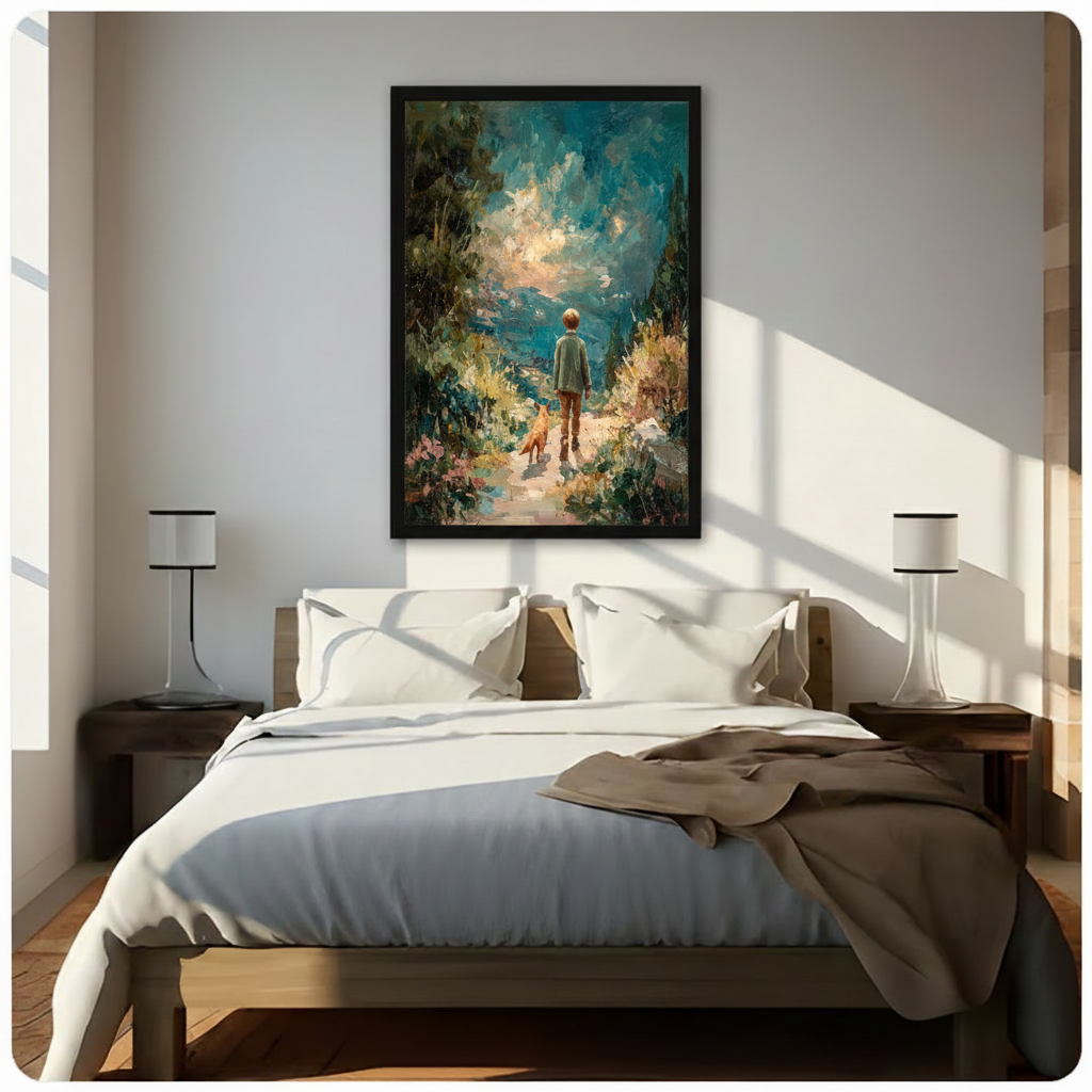 Framed boy and dog walking path canvas above bed in sunlit bedroom — impressionist nature oil painting of child and dog in garden, warm teal and golden wall art